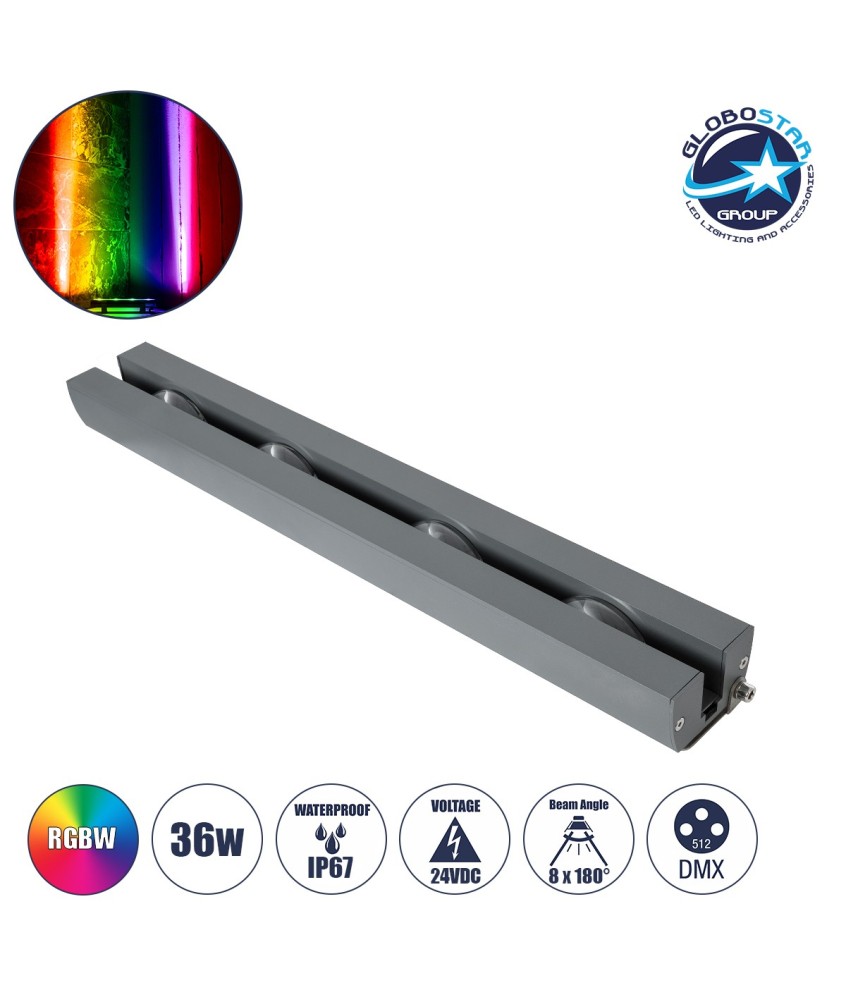 GLOBOSTAR® WINDOWARTE 90725 Φωτιστικό Ανάδειξης Παραθύρων LED 36W 2880lm 8°x180° DC 24V Αδιάβροχο IP67 Πολύχρωμο RGBW Dimmable DMX512 - CREE XPE Chip - Γκρι Ανθρακί - Μ50 x Π7 x Υ4.5cm - 3 Χρόνια Εγγύηση